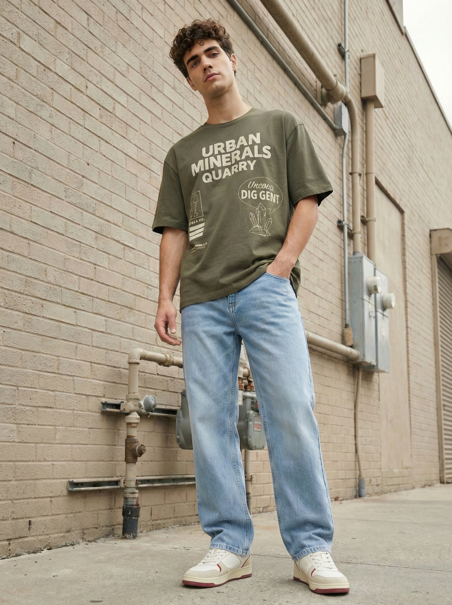 Men’s Olive Green Graphic T-Shirt – Urban Minerals Quarry Print | “Dig Without Limits” Casual Streetwear Tee