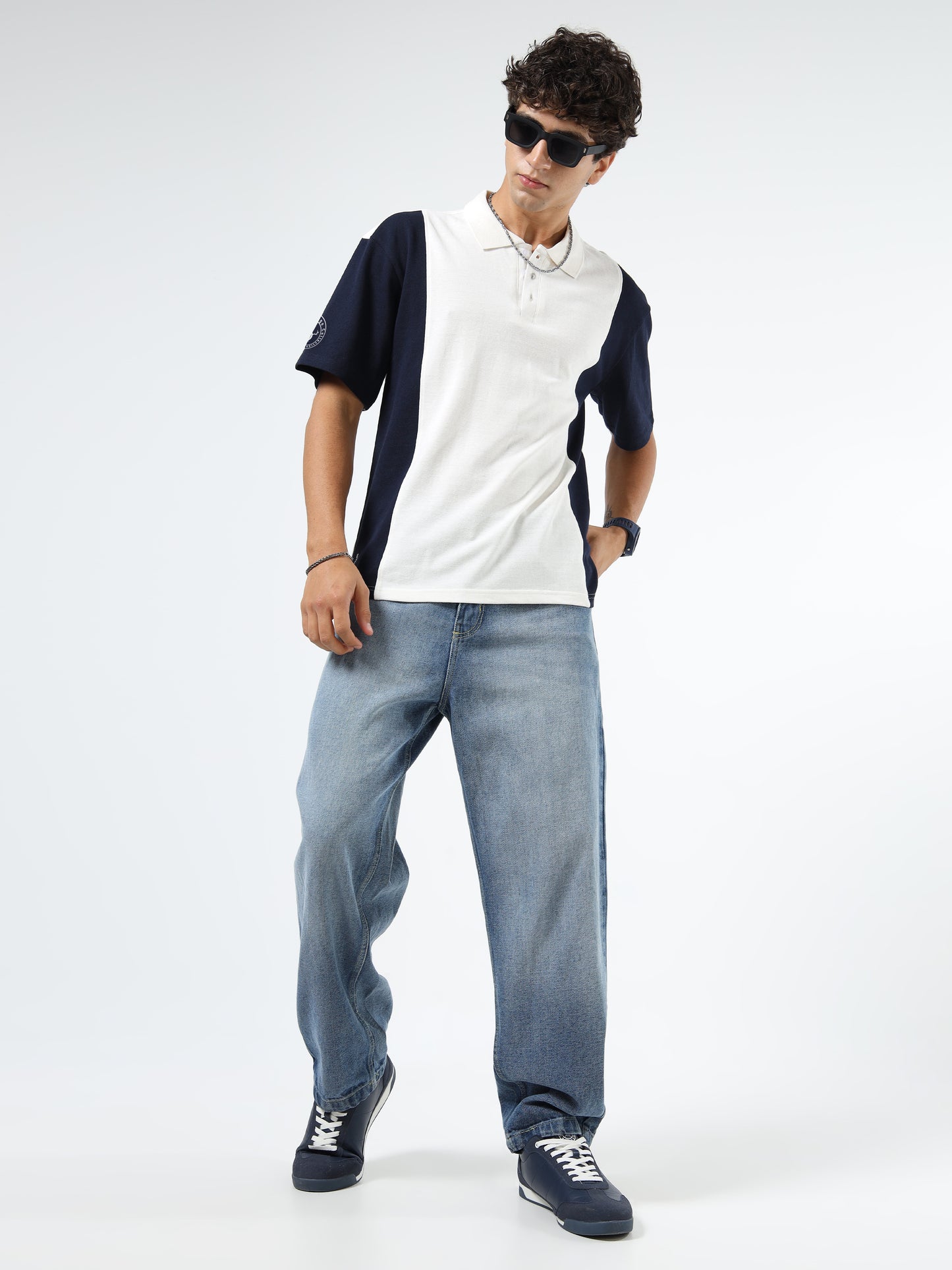 Men’s Off White & Navy Blue Colourblocked Polo | Knitted | Short Sleeves | Button Closure