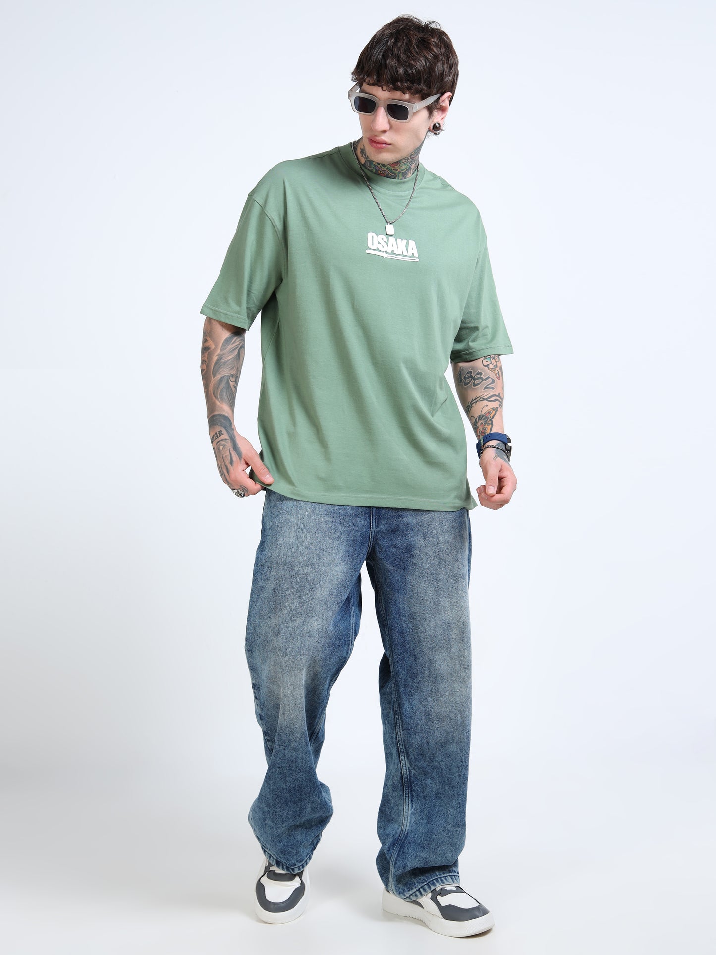 Men’s Sage Green Osaka Graphic Oversized T-Shirt | Pure Cotton Drop Shoulder Casual Streetwear Tee