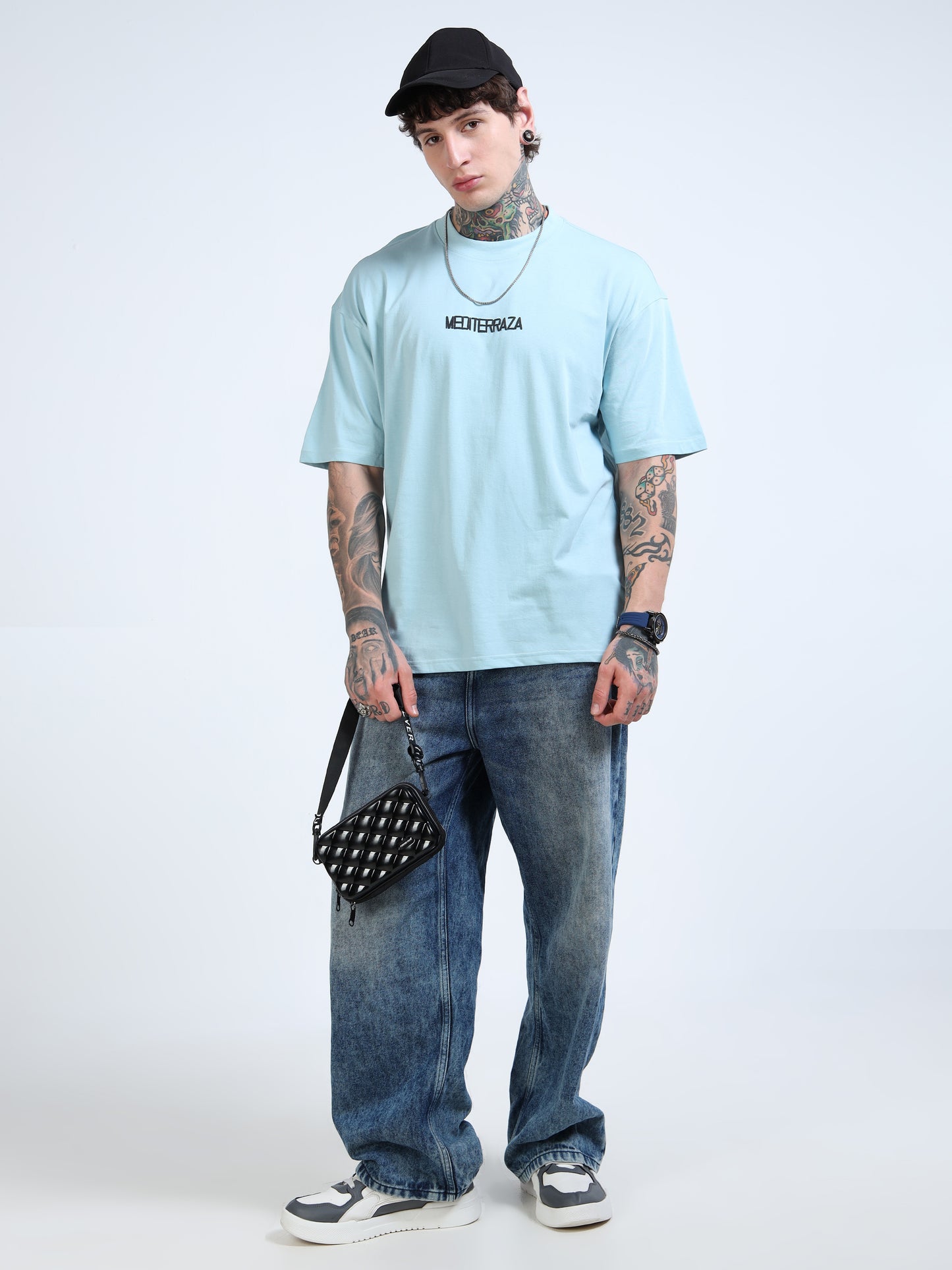 Men’s Sky Blue Oversized T-Shirt – 100% Pure Cotton Drop Shoulder Graphic Tee