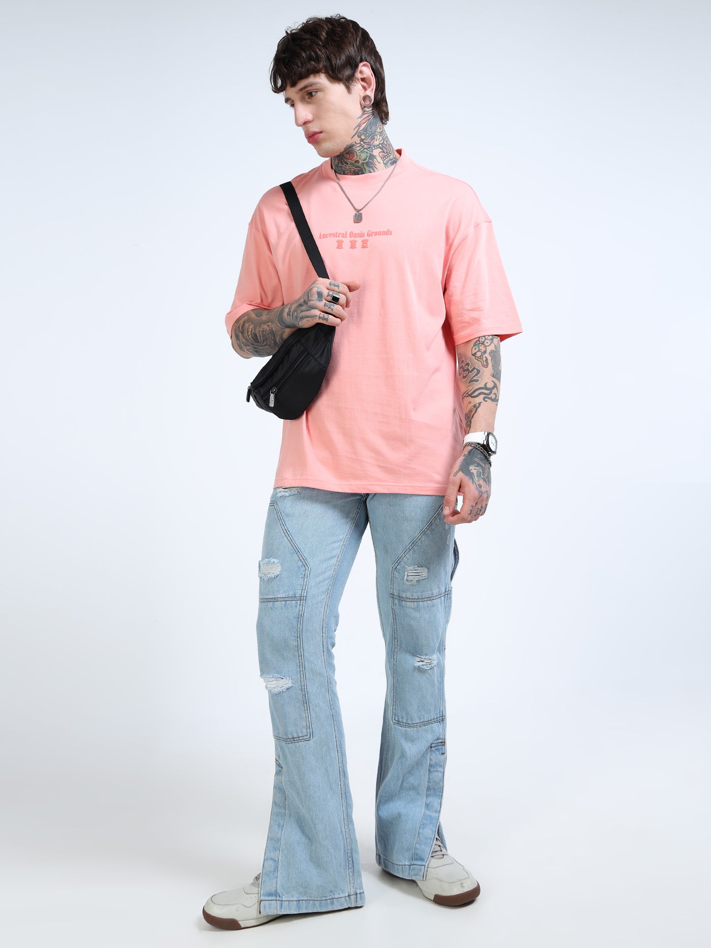 Men’s Peach Oversized T-Shirt – 100% Pure Cotton Drop Shoulder Back Print Tee