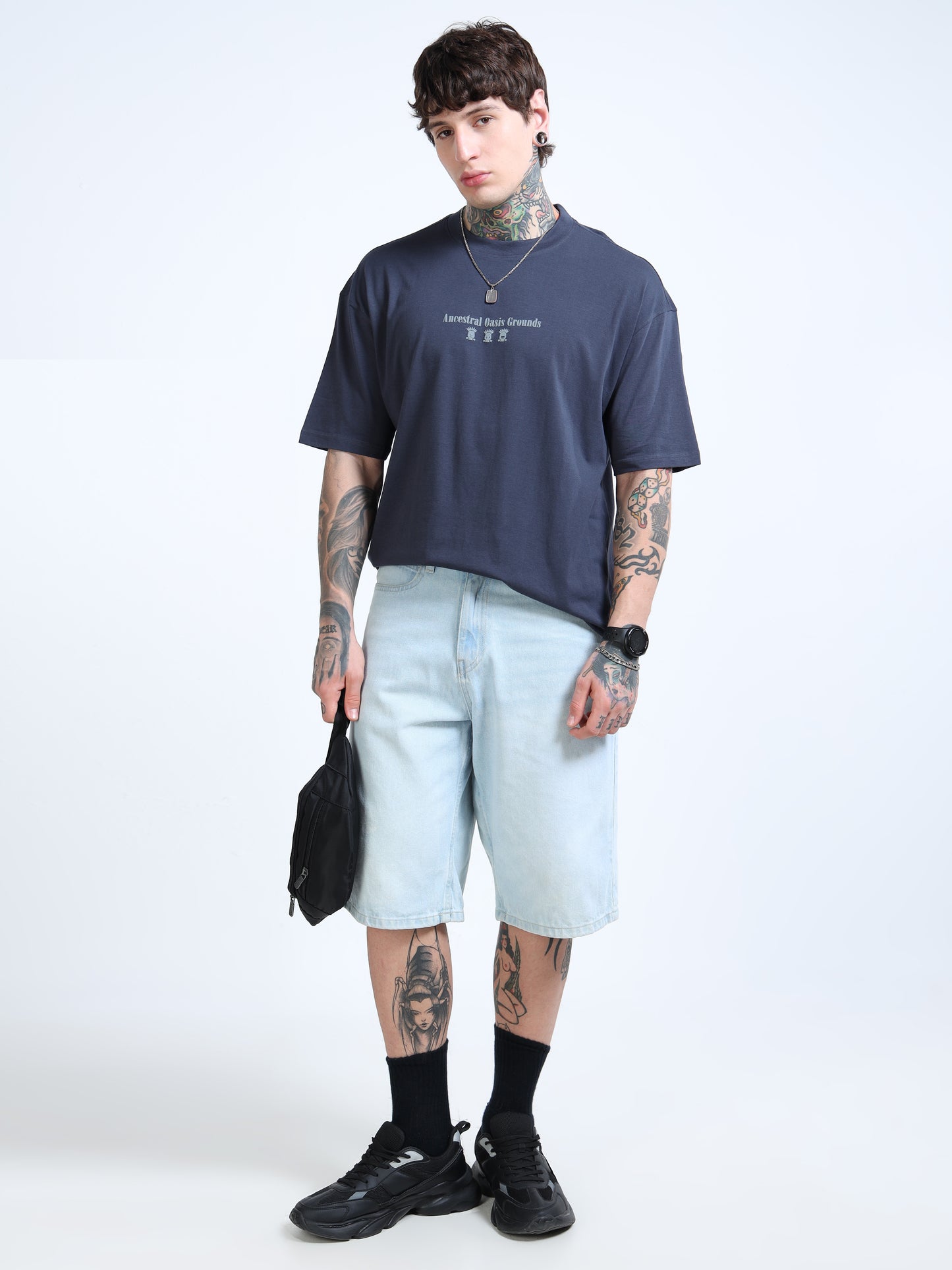 Men’s Steel Grey Oversized T-Shirt – 100% Pure Cotton Drop Shoulder Printed Te