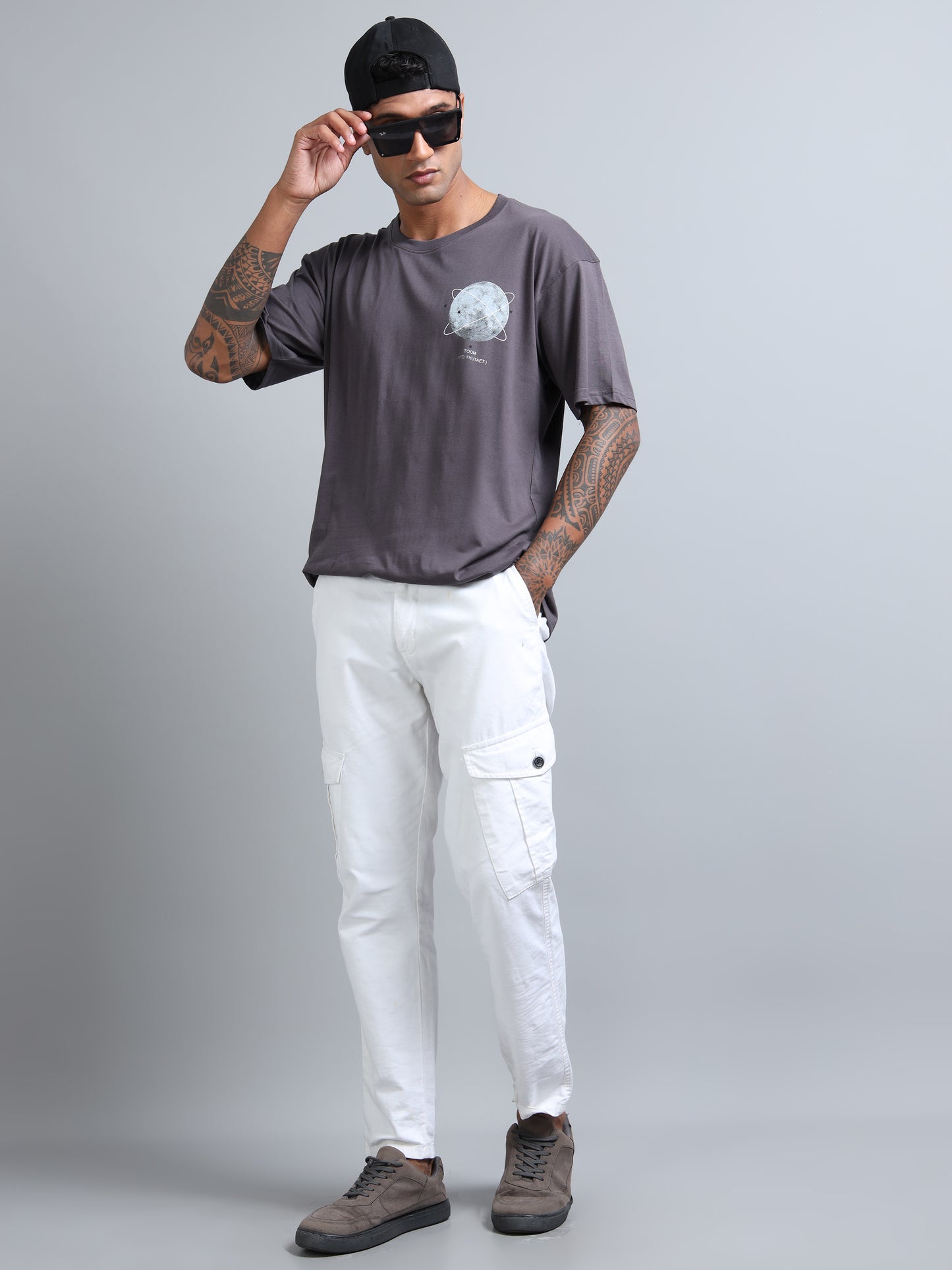 Mens Orbit Moon Graphic Dark grey Oversized T-Shirt – Pure Cotton Drop Shoulder Tshirt