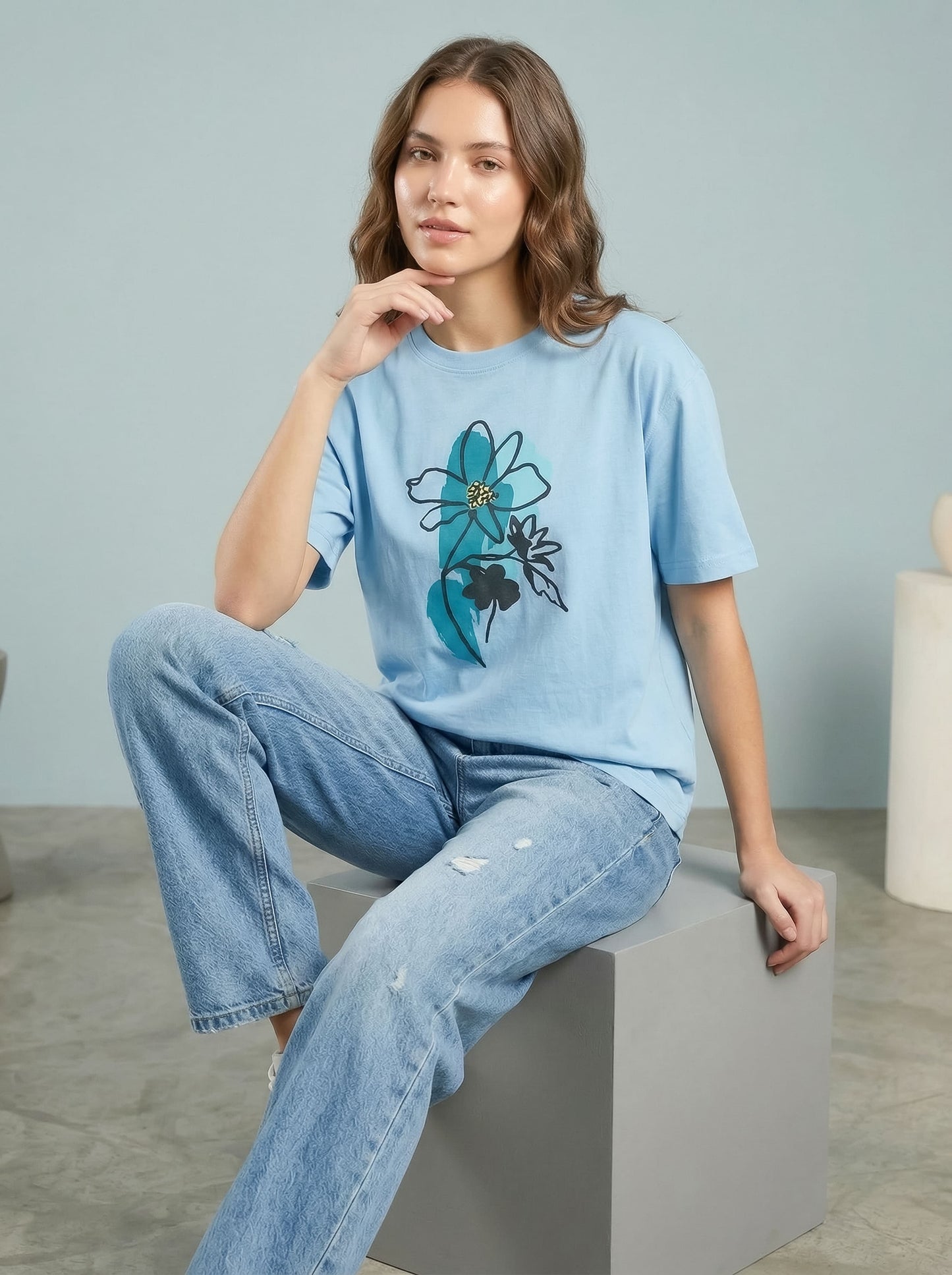 Women Oversized Cotton T-Shirt Floral Print Casual Oversized Drop Shoulder Tee