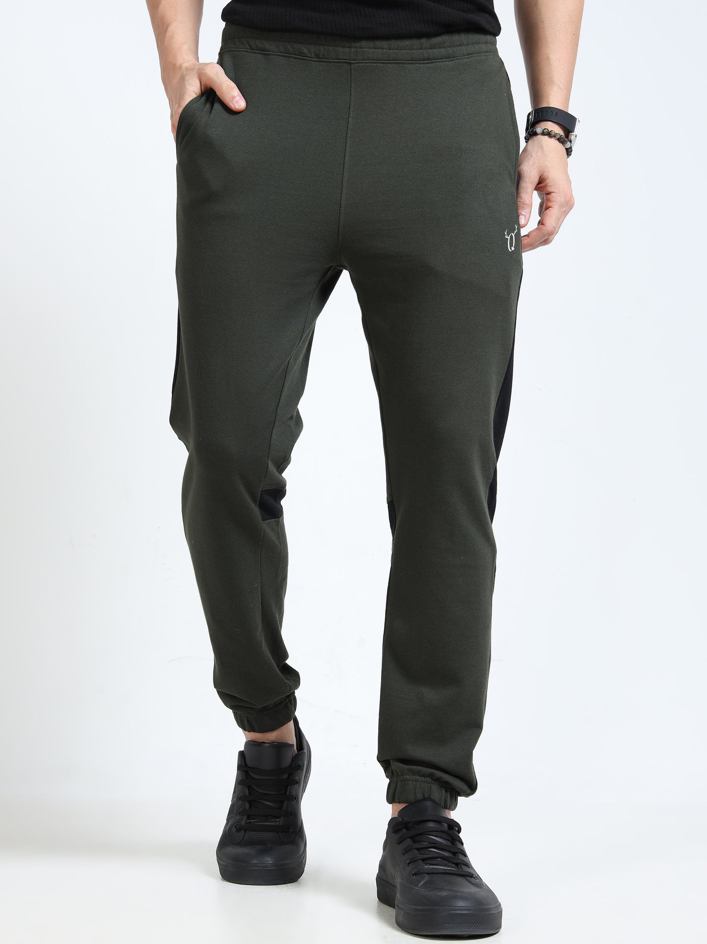 Men’s Olive Cotton Blend Joggers with Black Panel Design | Regular Fit Athleisure Track Pants