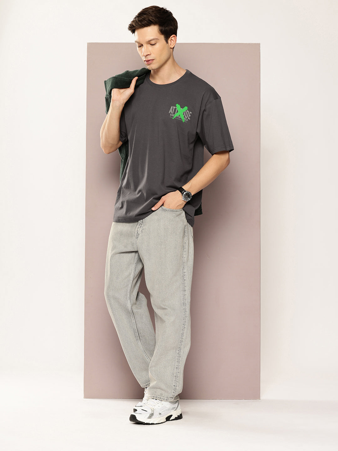 Men Dark Grey Oversized Typography Back Print Round Neck T-Shirt
