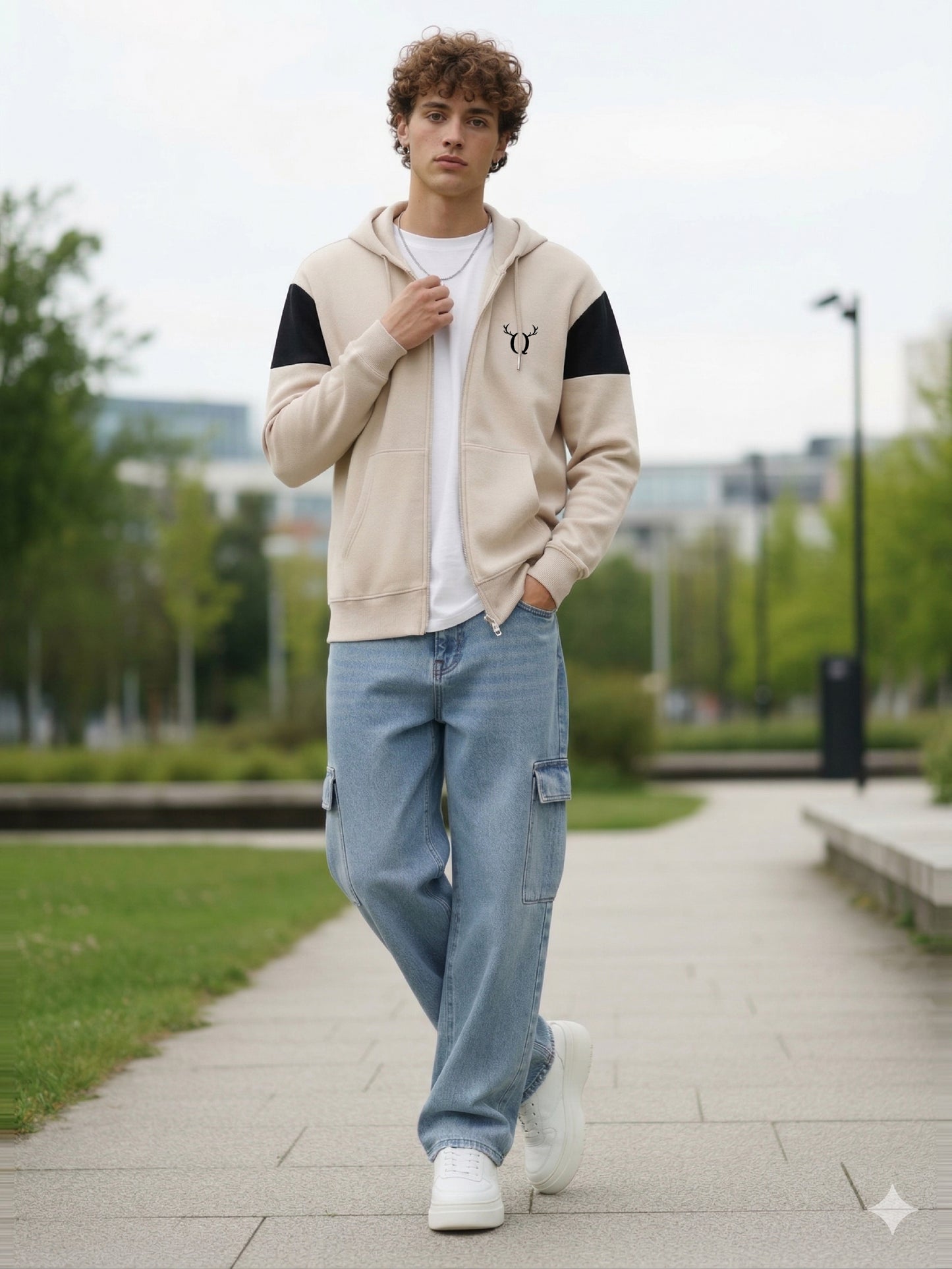 Men’s Beige Hooded Zip-Up Sweatshirt – Casual Cotton Blend Full Sleeve Hoodie Jacket