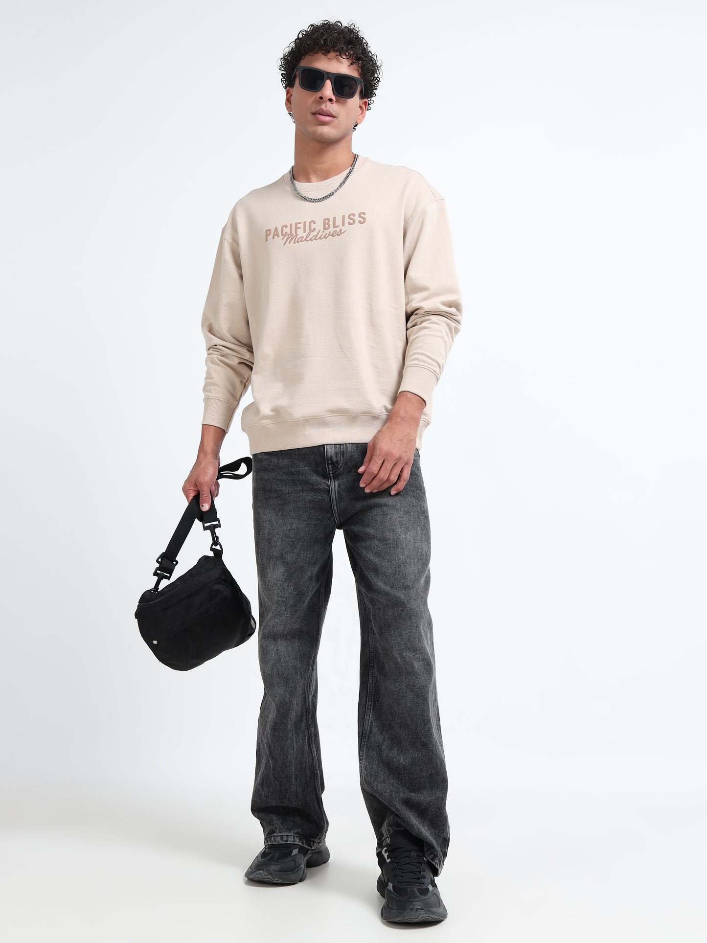 Men’s Beige Oversized Sweatshirt | Pacific Bliss Maldives Back Print Crewneck