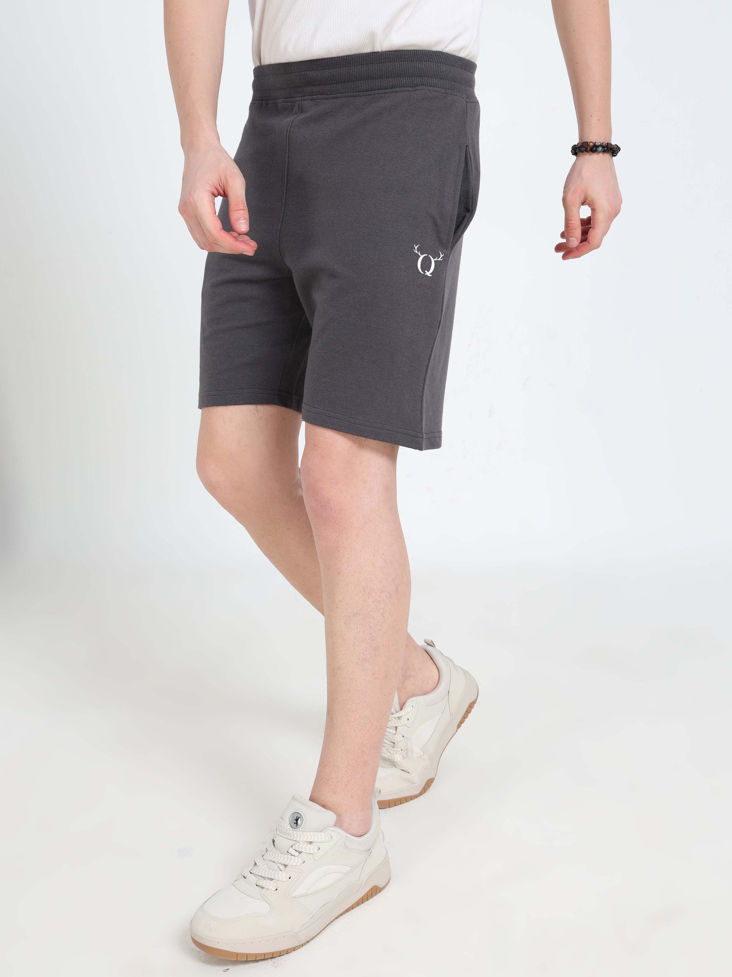 Men’s Steel Grey Cotton Blend Shorts with Minimal Logo | Regular Fit Casual & Athleisure Shorts
