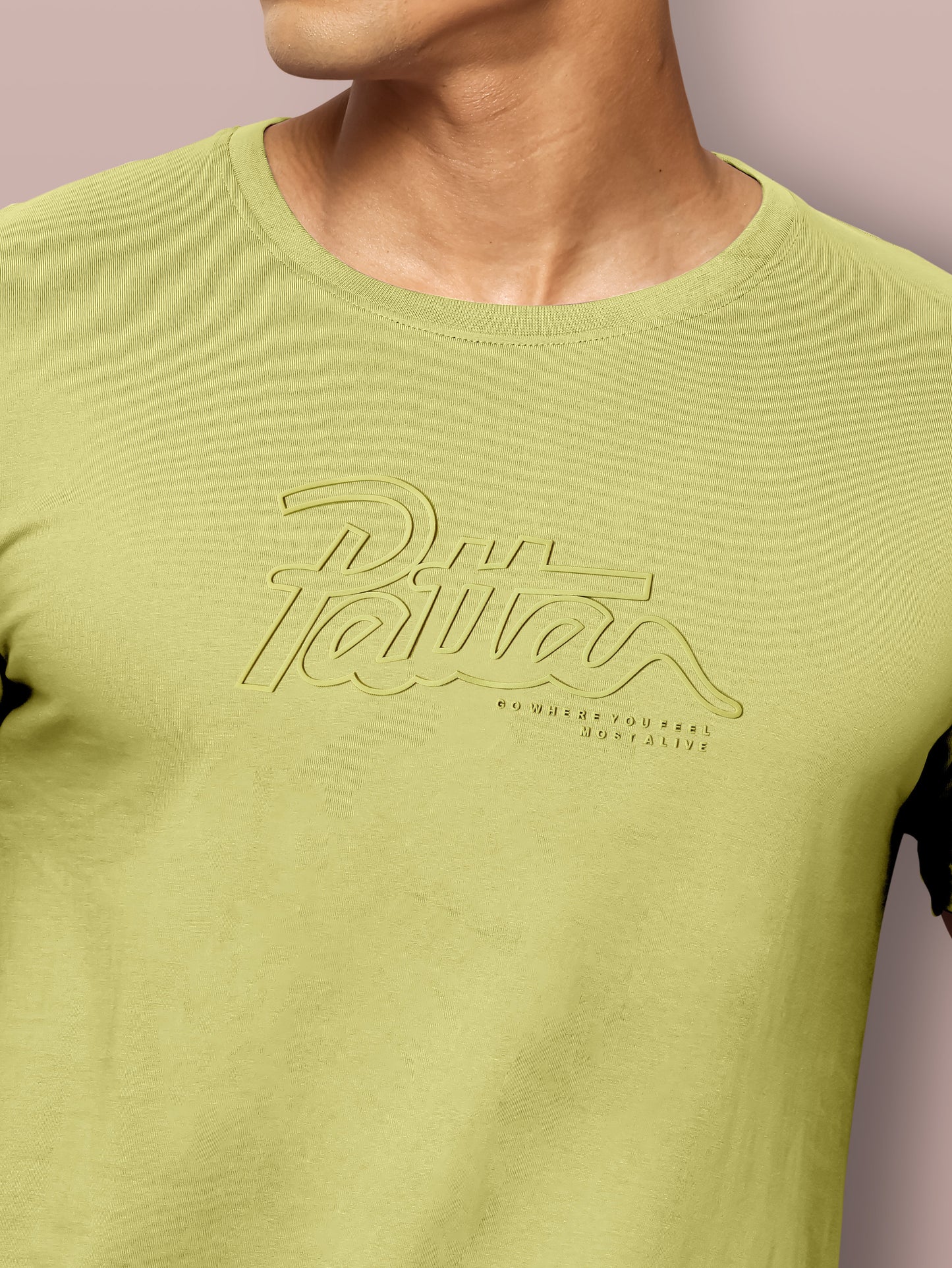 Men Green Solid Embossed Logo Round Neck T-Shirt