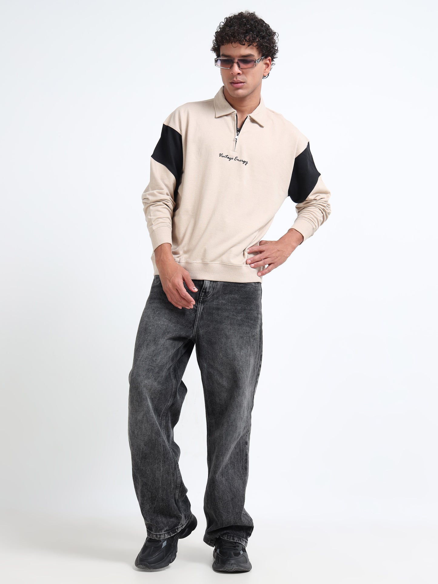 Men’s Beige Half-Zip Sweatshirt | Vintage Energy Printed Oversized Pullover