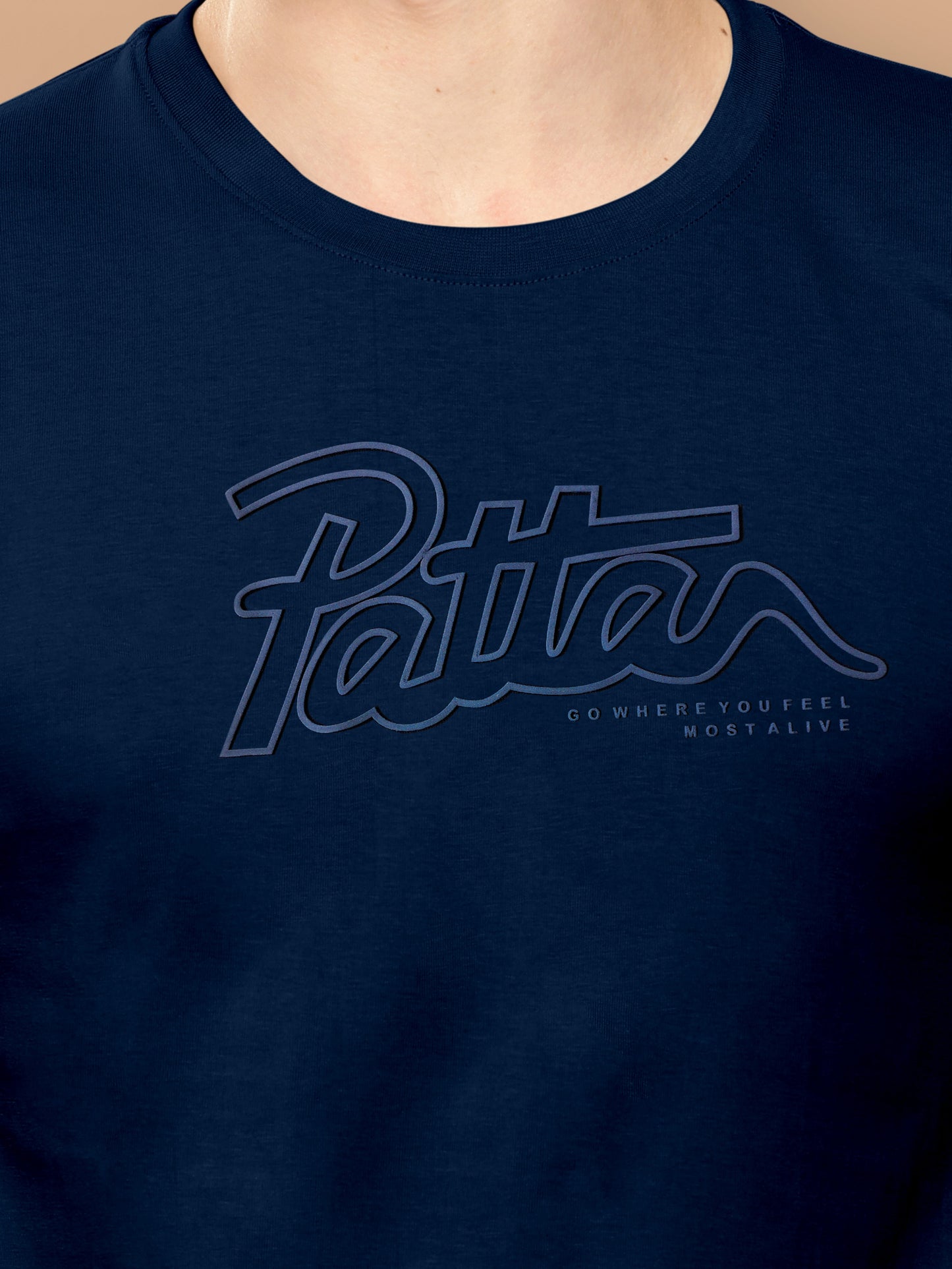 Men Navy Solid Embossed Logo Round Neck T-Shirt