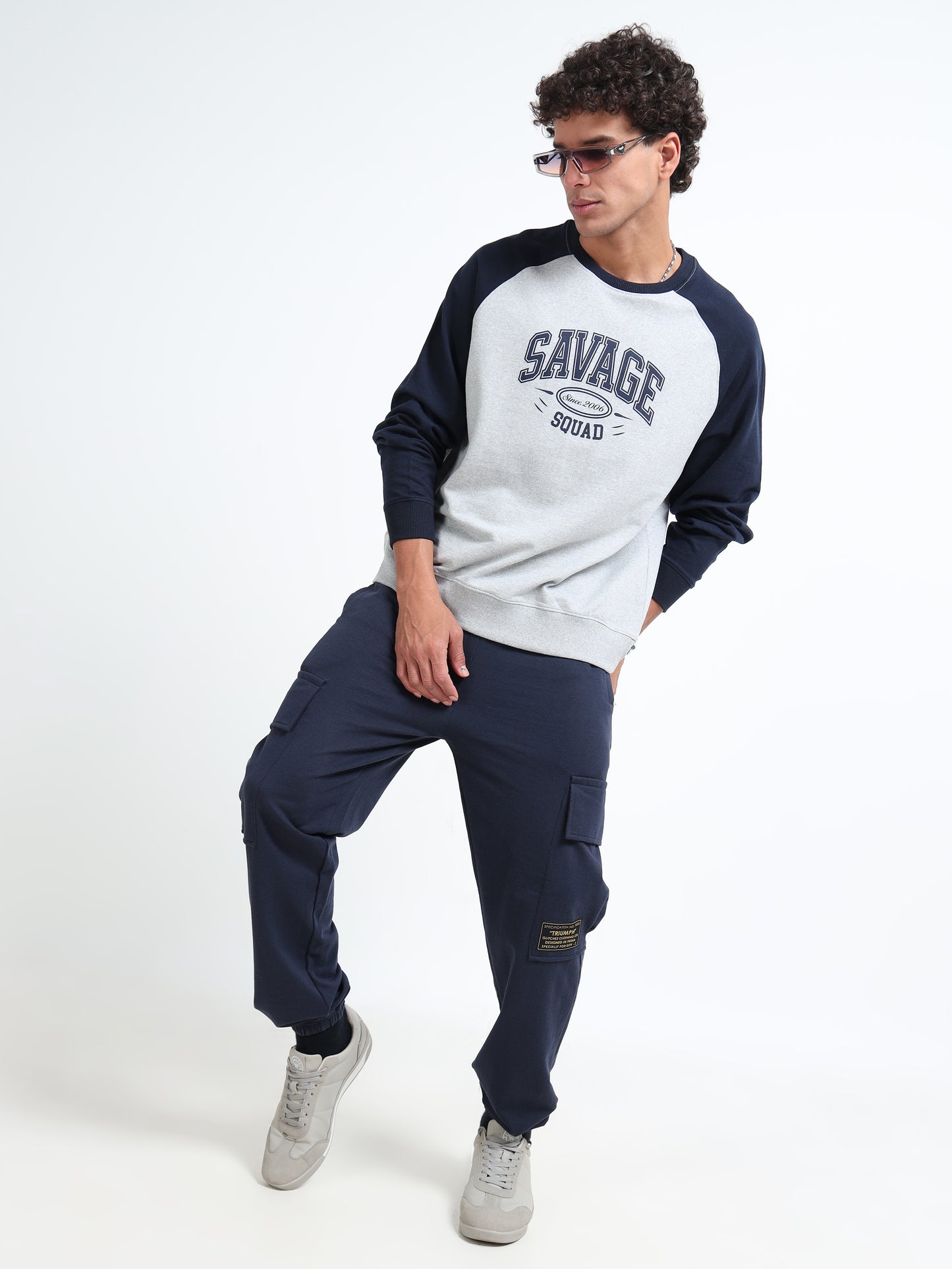 Men’s Grey & Navy Raglan Sweatshirt | Savage Squad Printed Crewneck