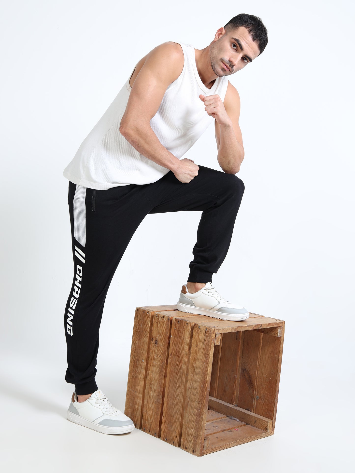 Men’s Black Printed Regular Fit Joggers | Mid-Rise | Zip Pocket | Elasticated Waist