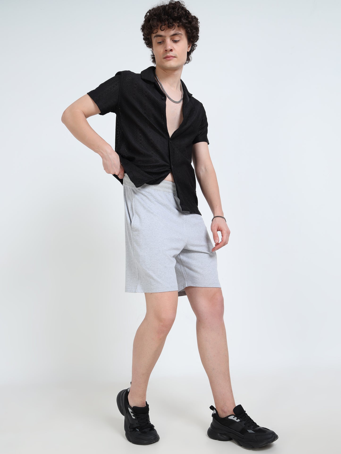 Men’s Grey Melange Cotton Blend Shorts with Minimal Logo | Regular Fit Casual & Athleisure Shorts