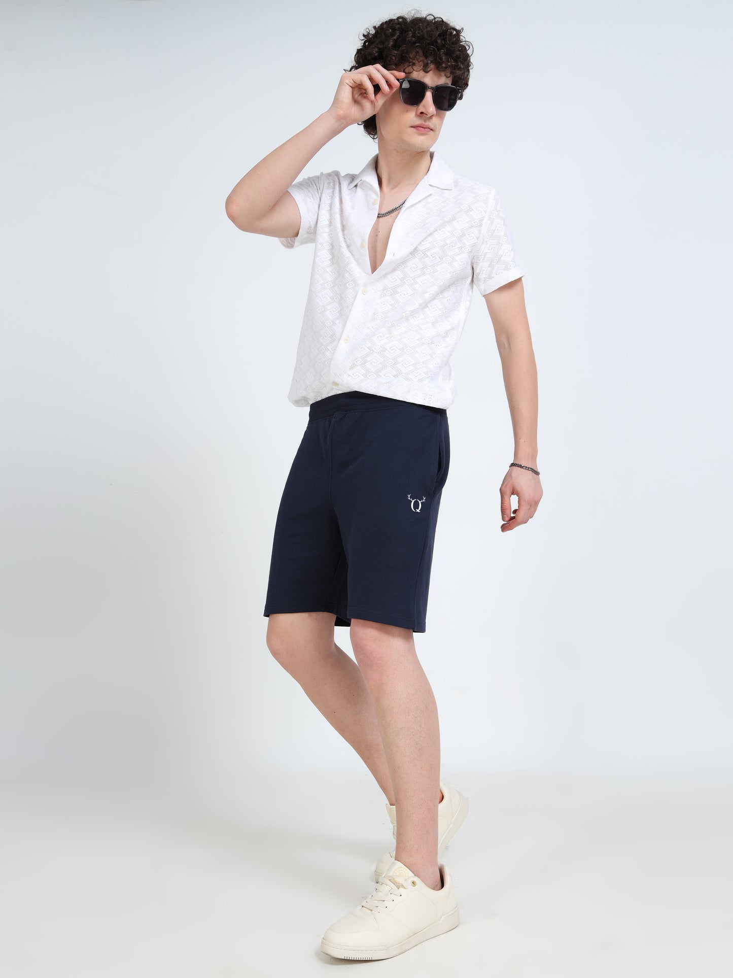 Men’s Navy Cotton Blend Shorts with Minimal Logo | Regular Fit Casual & Athleisure Shorts