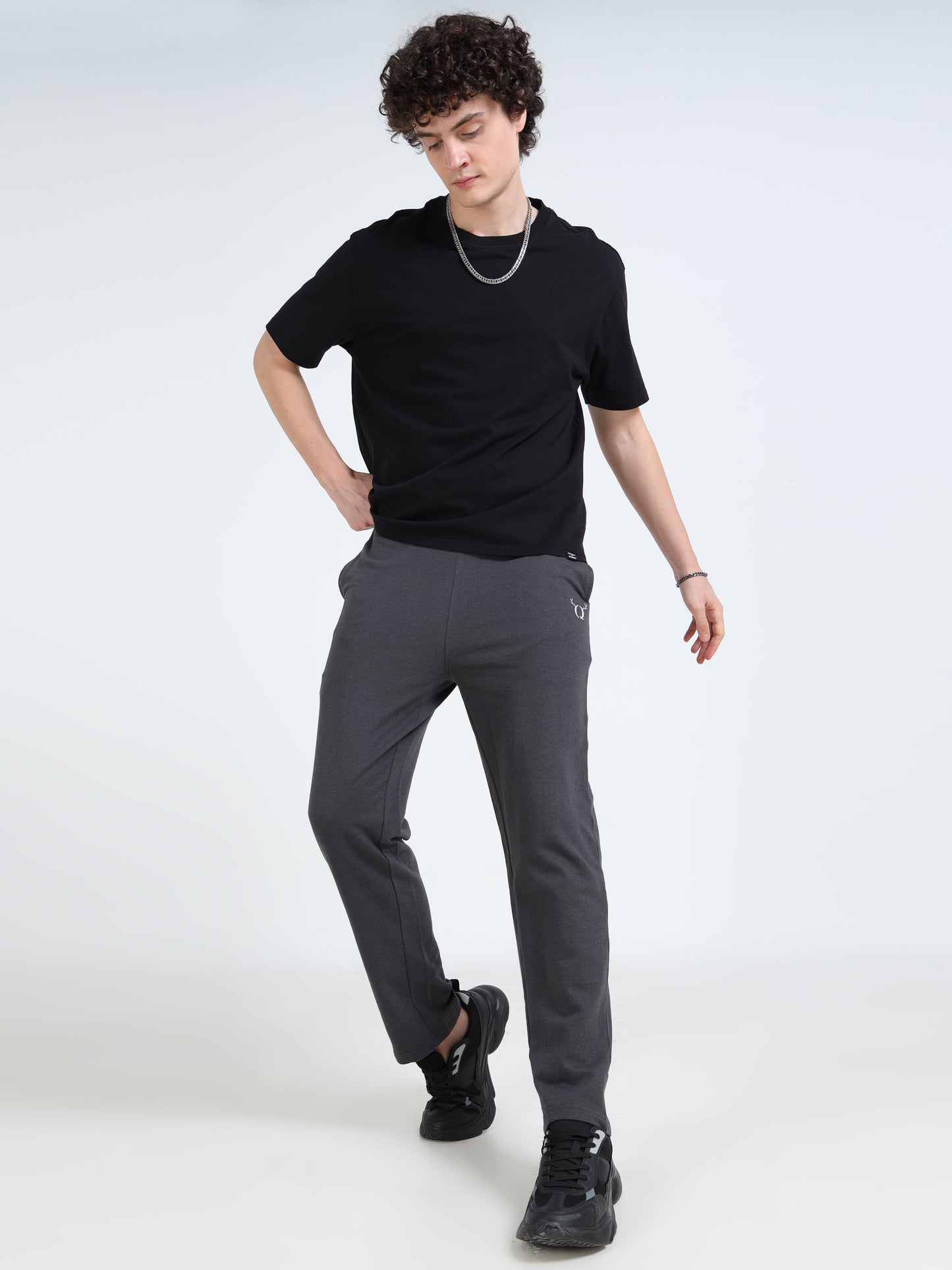 Men’s Steel Grey Cotton Blend Track Pants with Minimal Logo | Relaxed Fit Casual Track Pants