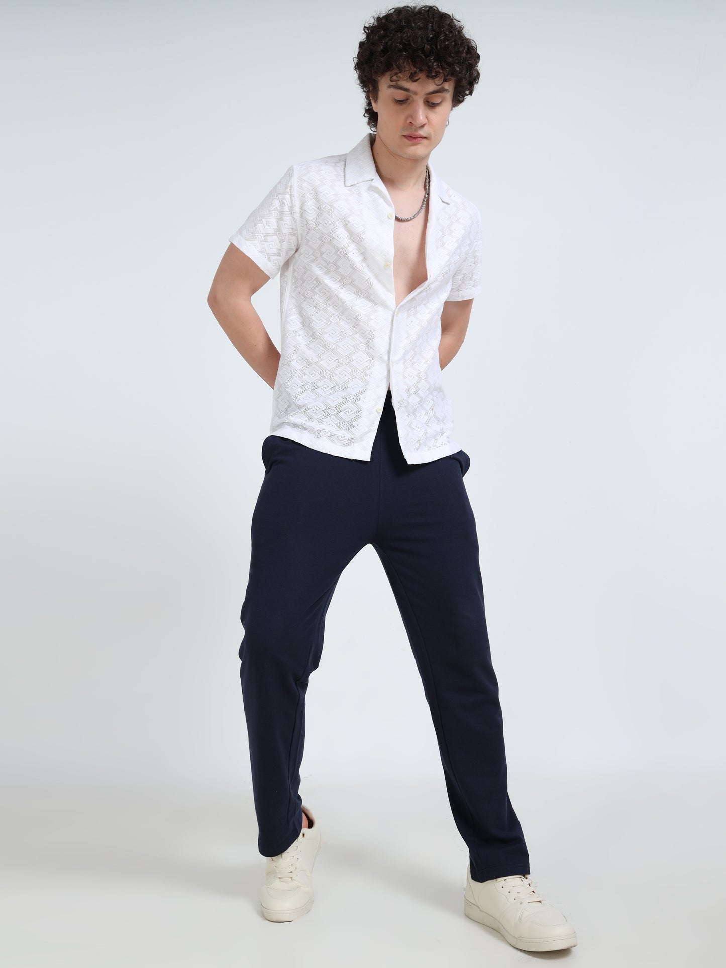 Men’s Navy Cotton Blend Track Pants with Minimal Logo | Relaxed Fit Casual Track Pants