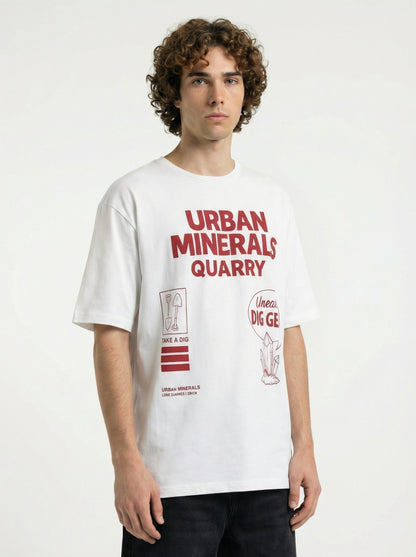 Men’s White Graphic T-Shirt – Urban Minerals Quarry Print | “Dig Without Limits” Streetwear Cotton Tee