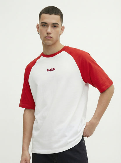 Oversized Raglan T-Shirt for Men – White Red Cotton Blend Casual Tee