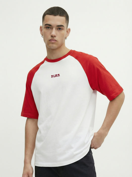 Oversized Raglan T-Shirt for Men – White Red Cotton Blend Casual Tee