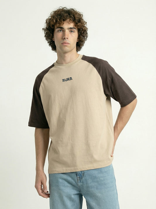 Men’s Casual Oversized Tee – Raglan Sleeve Beige Brown Cotton T-Shirt