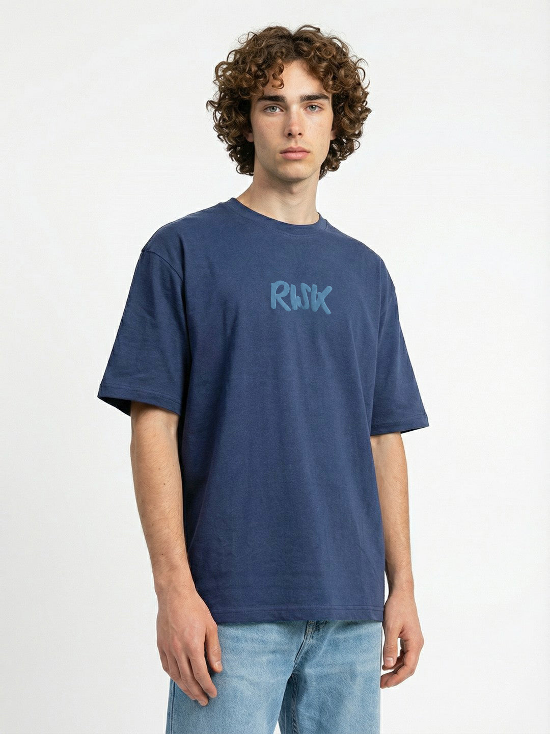 Men’s Navy Blue Oversized Typography Graphic T-Shirt – “Risk is Better Than Regret” Back Print Streetwear Tee