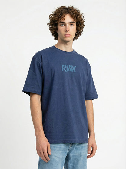 Men’s Navy Blue Oversized Typography Graphic T-Shirt – “Risk is Better Than Regret” Back Print Streetwear Tee