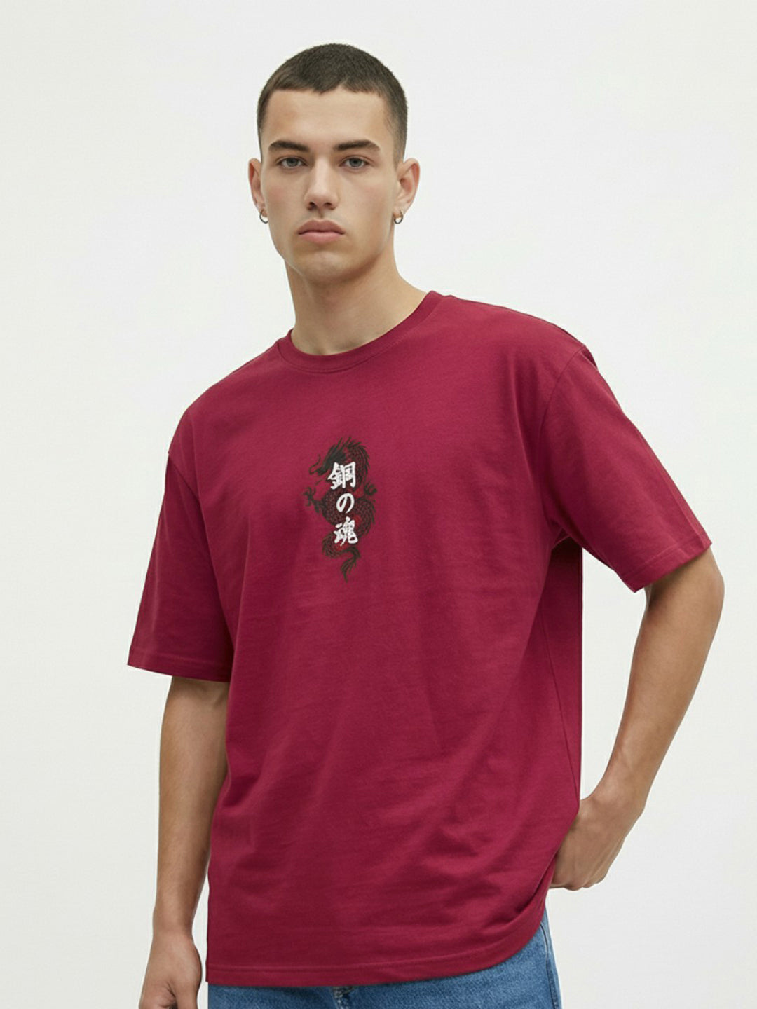 Men’s Cotton Oversized T-Shirt – Minimal Dragon Print Casual Wear Tee