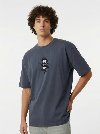 Men’s Cotton Blend Oversized T-Shirt – Minimal Dragon Print Casual Wear Tee
