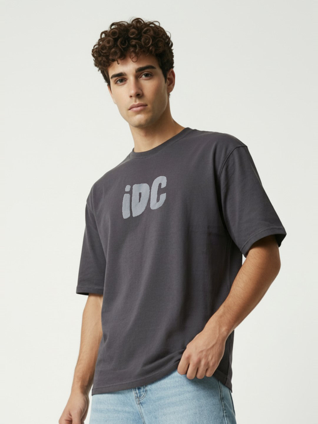 Men’s Oversized Grey Graphic T-Shirt – “I Don’t Care” Back Print | Cotton Blend Drop Shoulder Streetwear Tee