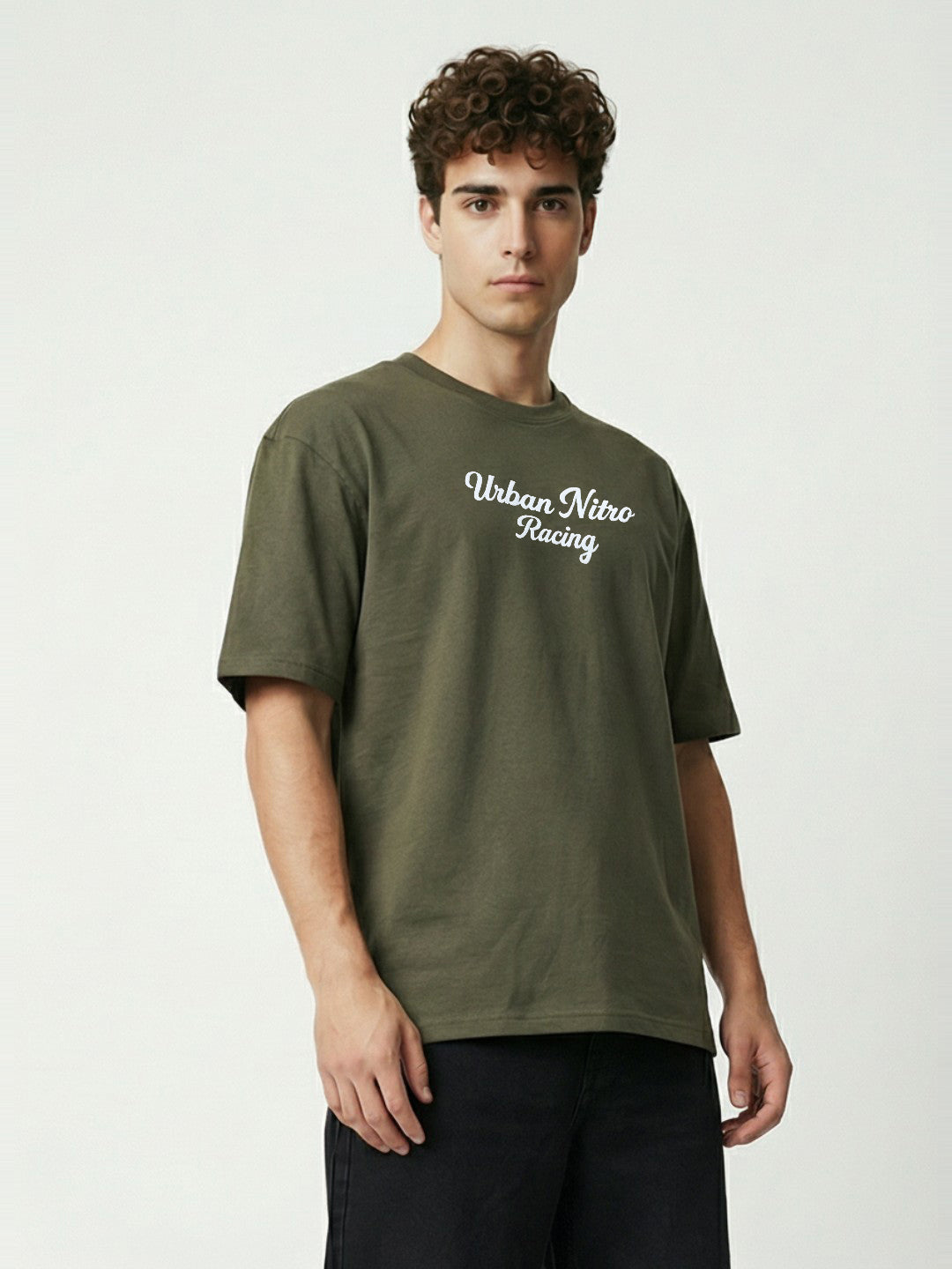 Men’s Olive Green Oversized T-Shirt | Urban Nitro Racing Back Print Graphic Tee