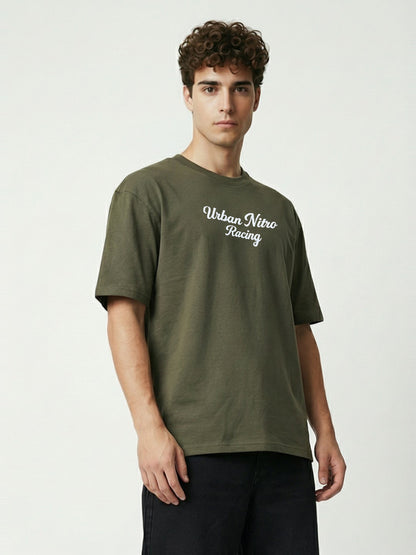 Men’s Olive Green Oversized T-Shirt | Urban Nitro Racing Back Print Graphic Tee