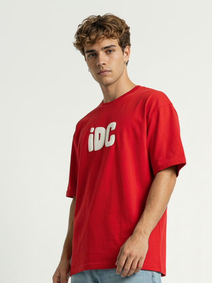 Men’s Oversized Red Graphic T-Shirt – “I Don’t Care” Back Print | Cotton Blend Drop Shoulder Streetwear Tee