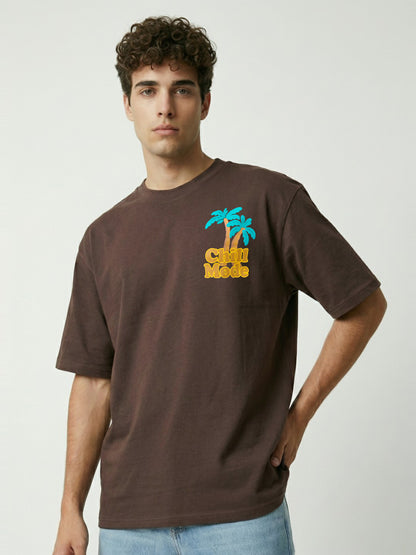Men’s Brown Oversized Graphic T-Shirt – Tropical Palm Tree Back Print Streetwear Tee