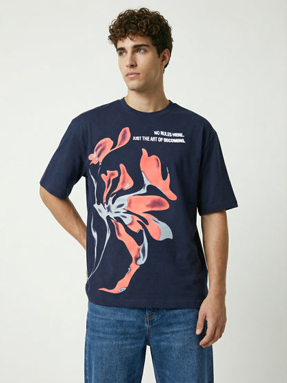 Men’s Oversized Navy Blue Graphic T-Shirt – Abstract Art Print | Cotton Blend Drop Shoulder Tee