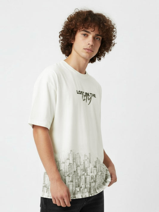 Men’s Cotton Blend Oversized T-Shirt – Minimal Text & Cityscape Print Casual Tee