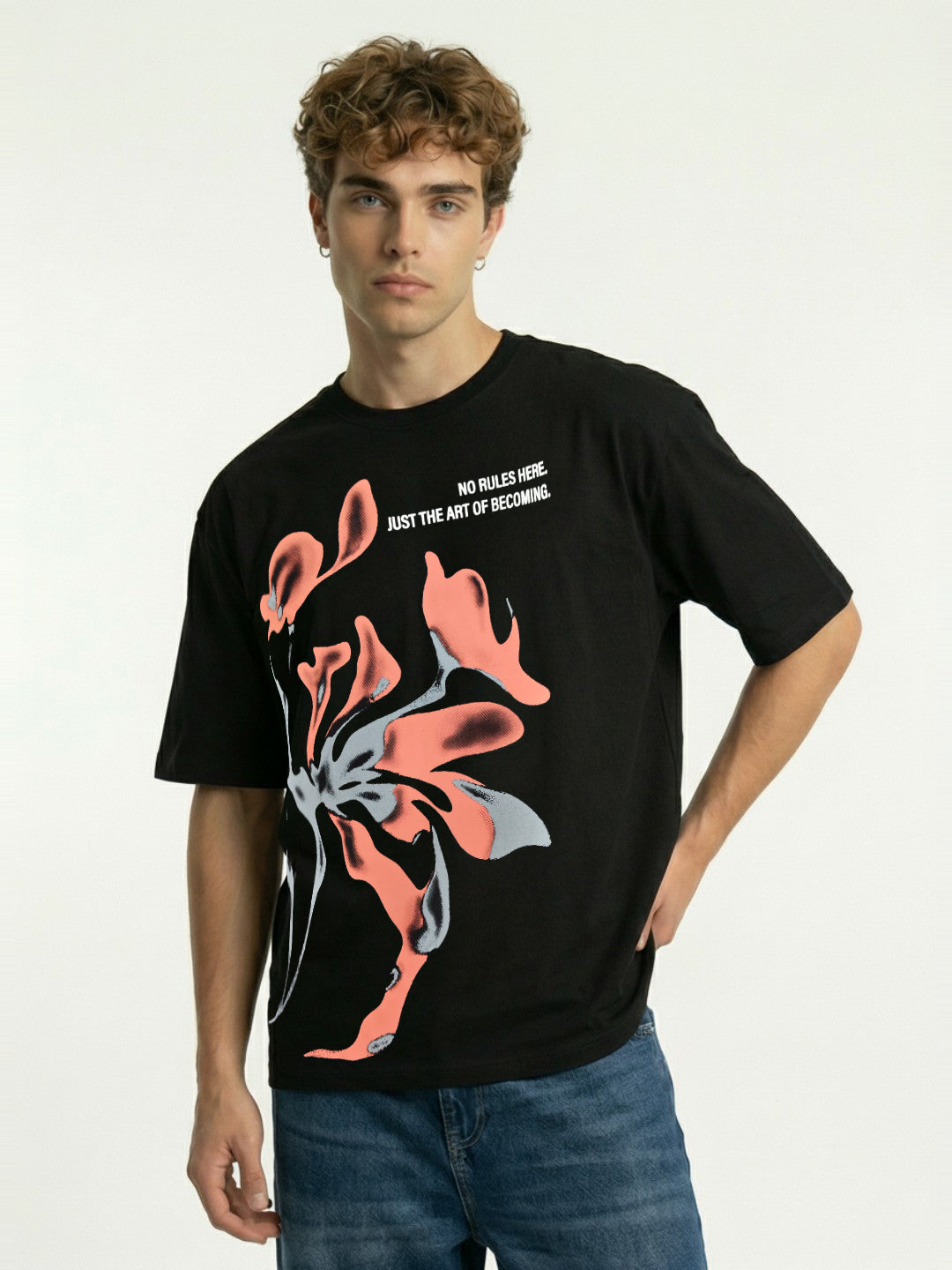 Men’s Oversized Black Graphic T-Shirt – Abstract Print | Cotton Blend Drop Shoulder Streetwear Tee