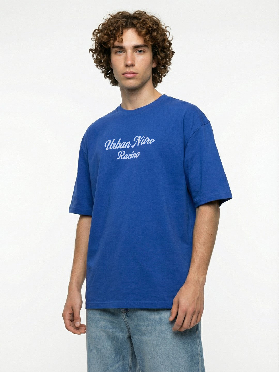 Men’s Blue Oversized T-Shirt | Urban Nitro Racing Back Print Graphic Tee