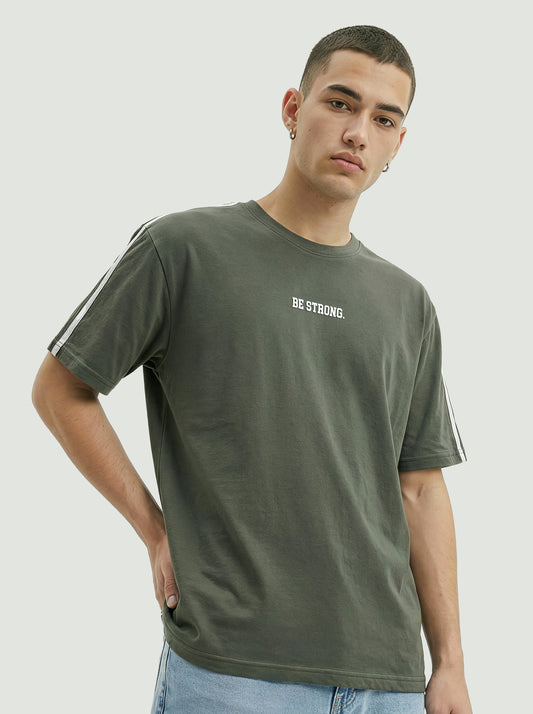 Men’s Olive Green Oversized T-Shirt | Be Strong Minimal Print Streetwear Tee