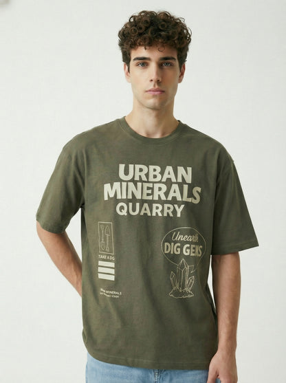 Men’s Olive Green Graphic T-Shirt – Urban Minerals Quarry Print | “Dig Without Limits” Casual Streetwear Tee