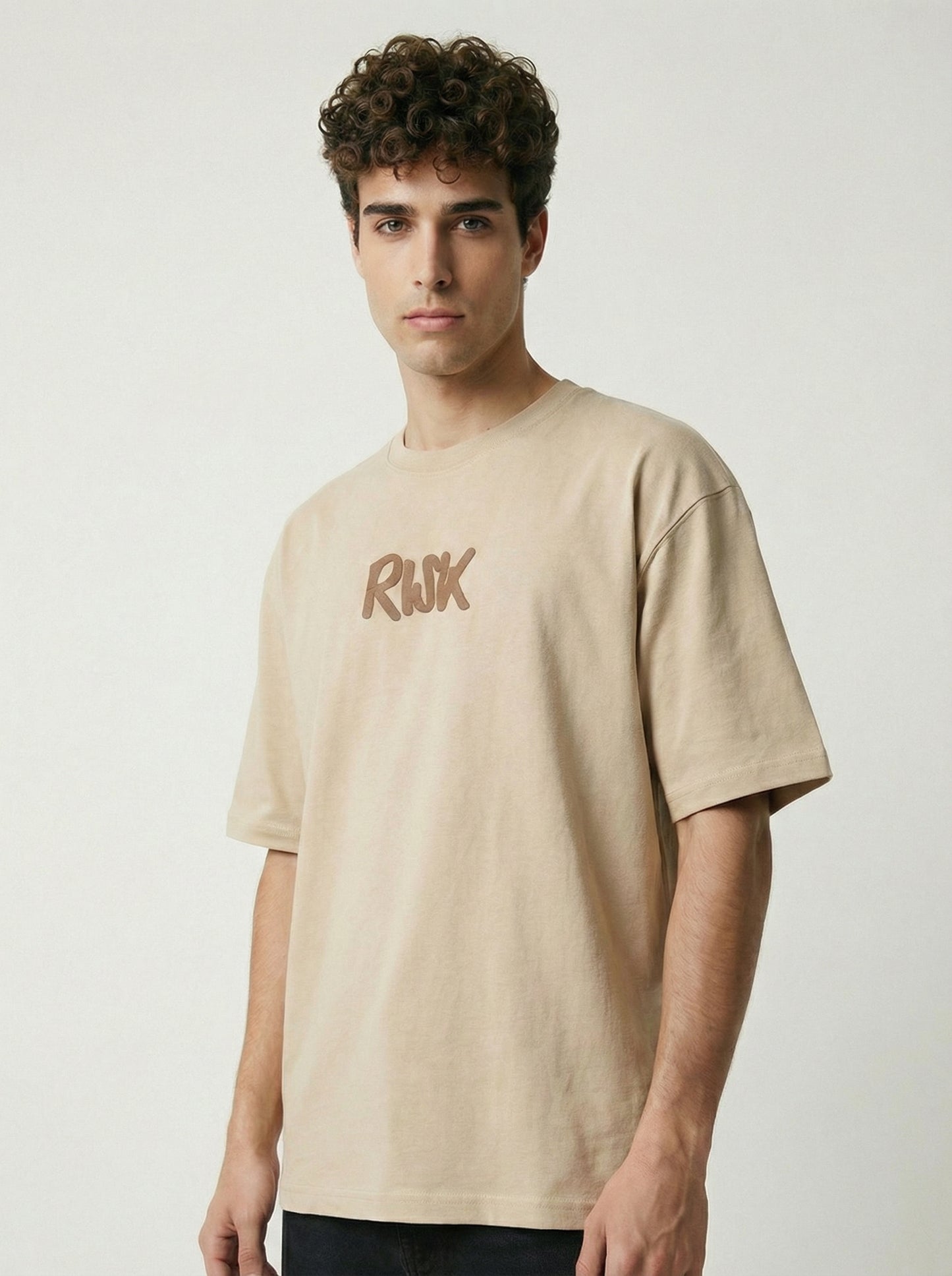 Men’s Beige Oversized Typography Graphic T-Shirt – “Risk is Better Than Regret” Back Print Cotton Blend Streetwear Tee