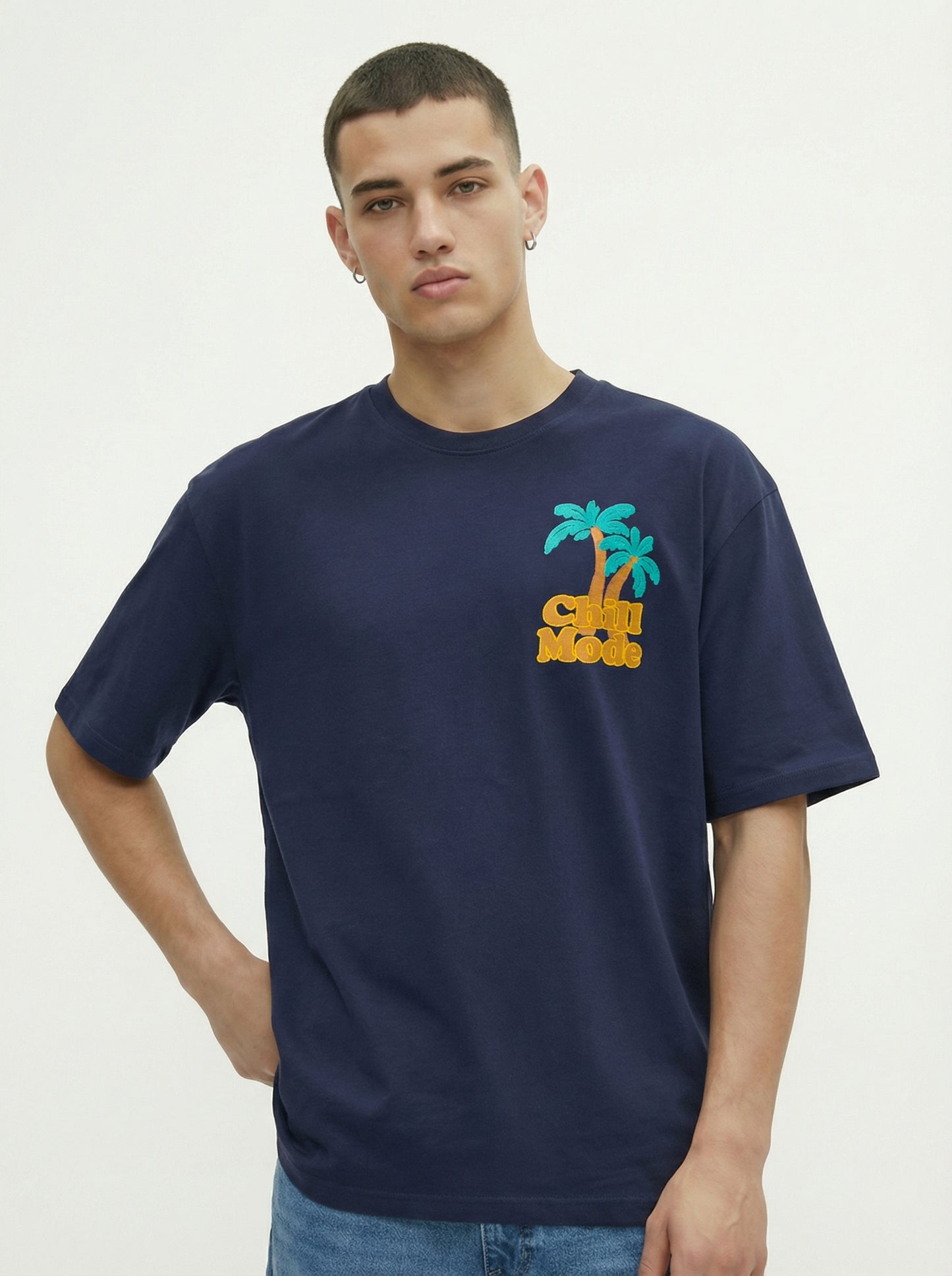 Men’s Navy Blue Oversized Graphic T-Shirt – Tropical Palm Tree Back Print Streetwear Tee