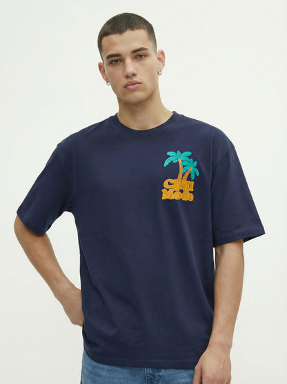 Men’s Navy Blue Oversized Graphic T-Shirt – Tropical Palm Tree Back Print Streetwear Tee
