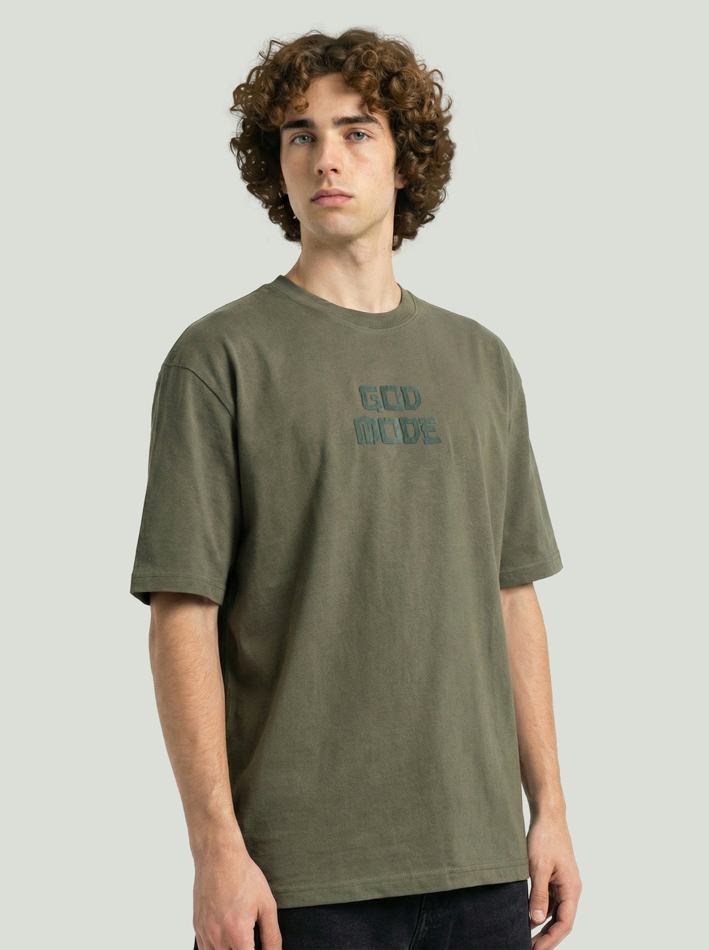 Men’s Olive Green Oversized T-Shirt with Angel Wings Print | God Mode Back Graphic Tee