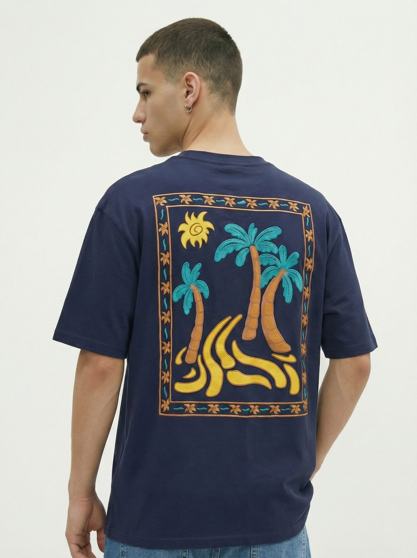 Men’s Navy Blue Oversized Graphic T-Shirt – Tropical Palm Tree Back Print Streetwear Tee