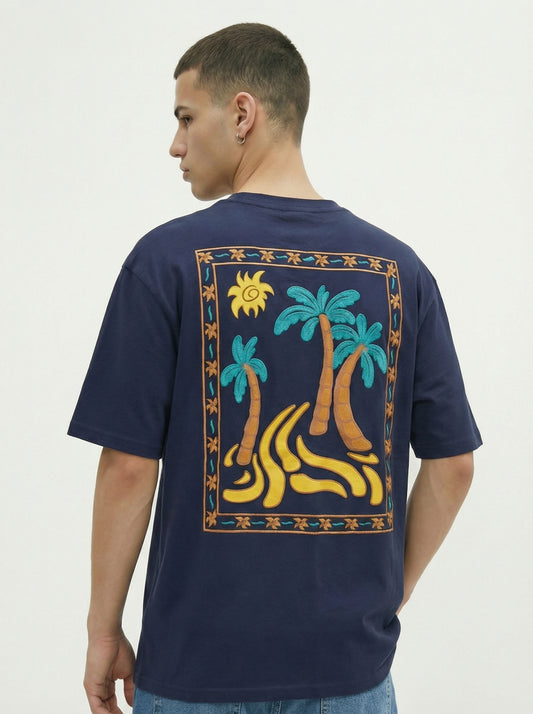 Men’s Navy Blue Oversized Graphic T-Shirt – Tropical Palm Tree Back Print Streetwear Tee