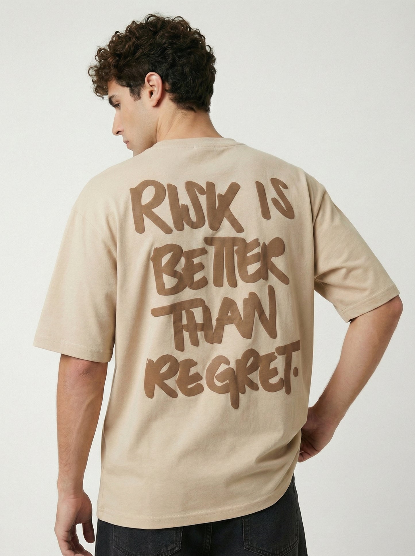 Men’s Beige Oversized Typography Graphic T-Shirt – “Risk is Better Than Regret” Back Print Cotton Blend Streetwear Tee