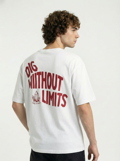 Men’s White Graphic T-Shirt – Urban Minerals Quarry Print | “Dig Without Limits” Streetwear Cotton Tee
