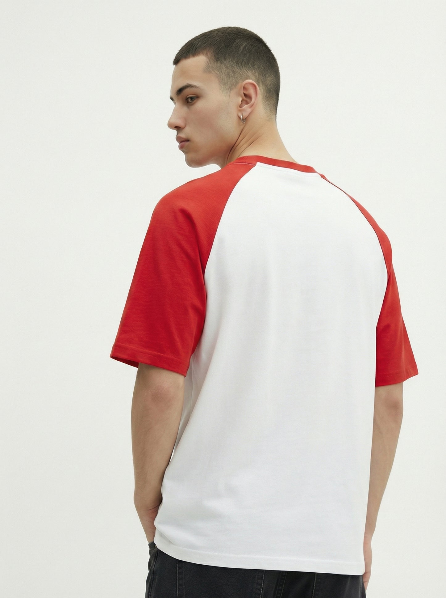 Oversized Raglan T-Shirt for Men – White Red Cotton Blend Casual Tee